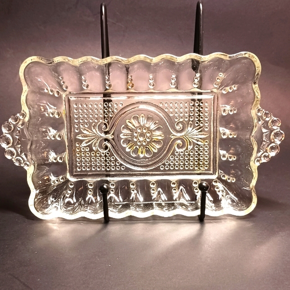 Dish tray Vintage fancy ornate 5" x 8" clear glass dish with handles candy gift - Picture 1 of 3